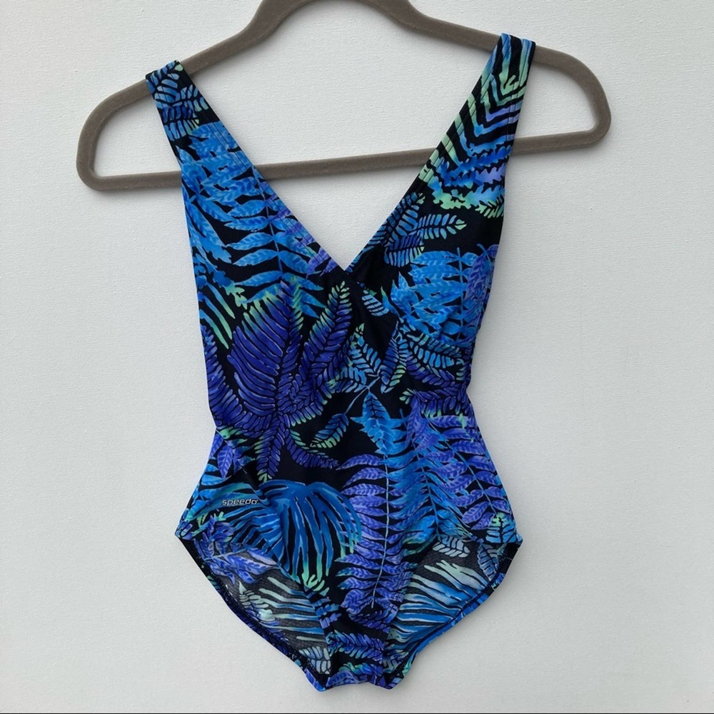 Speedo Size 6 One Piece Swimsuit Blue Floral Fern Leaves Botanical Bathing Suit - Picture 1 of 11